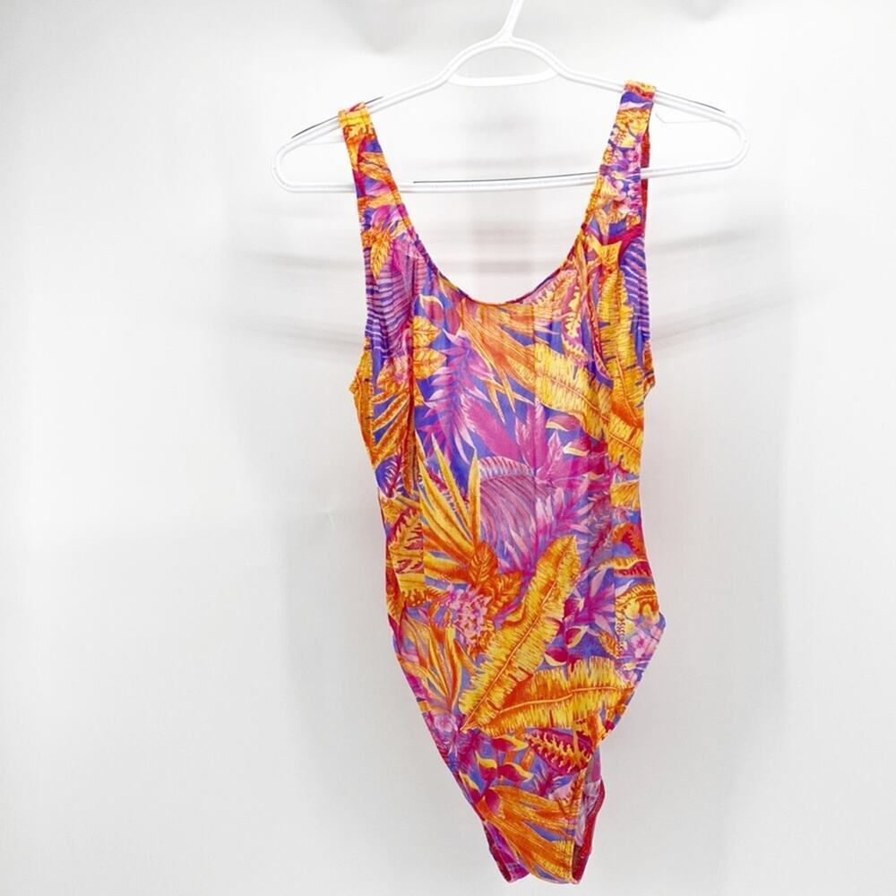 Vintage Solar Sun Thru Bathing Suit One Piece orange pink sheer Barbie 90s